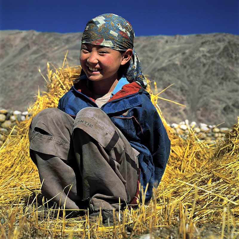 Gamine assise après la moisson - Route du Tsomoriri, Ladakh (Inde)